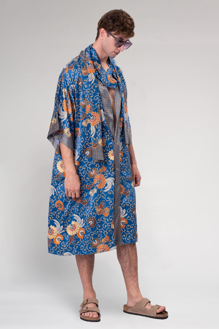 Front view of the Birds and Bees Full-Length Kimono by Rafikimono, highlighting the comfortable and stylish cut.